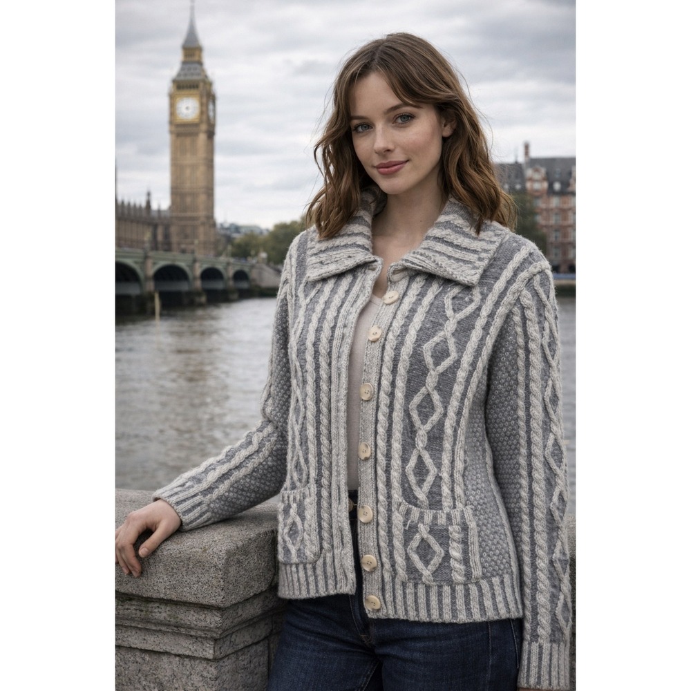 Aran Crafts 100% Merino Wool Cable Knit Cardigan Sweater‎ Ireland M